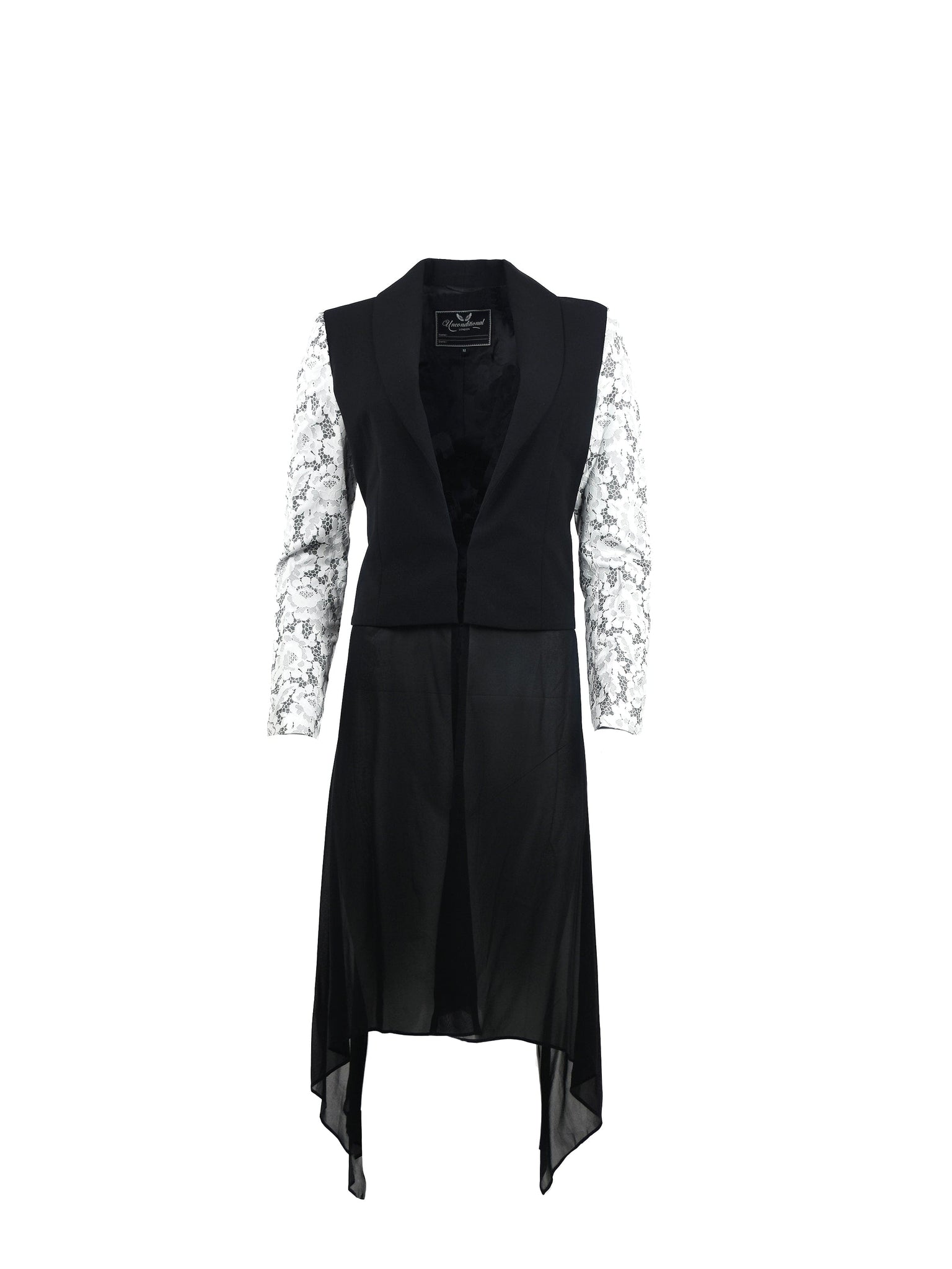 Womens Black Suit Jacket with Lace Sleeve Applique