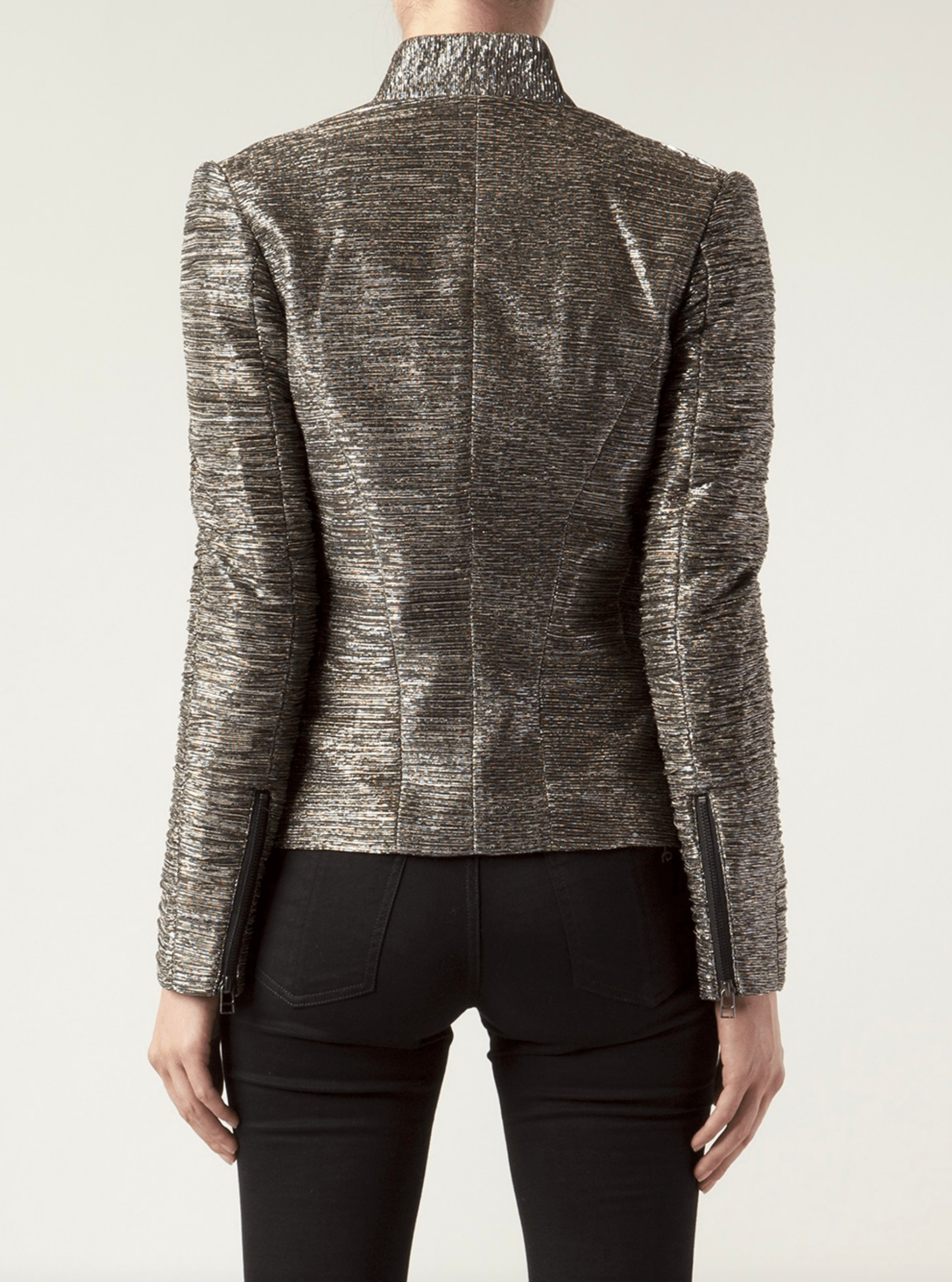 Metallic Crinkle Zip-Up Angled Short Jacket