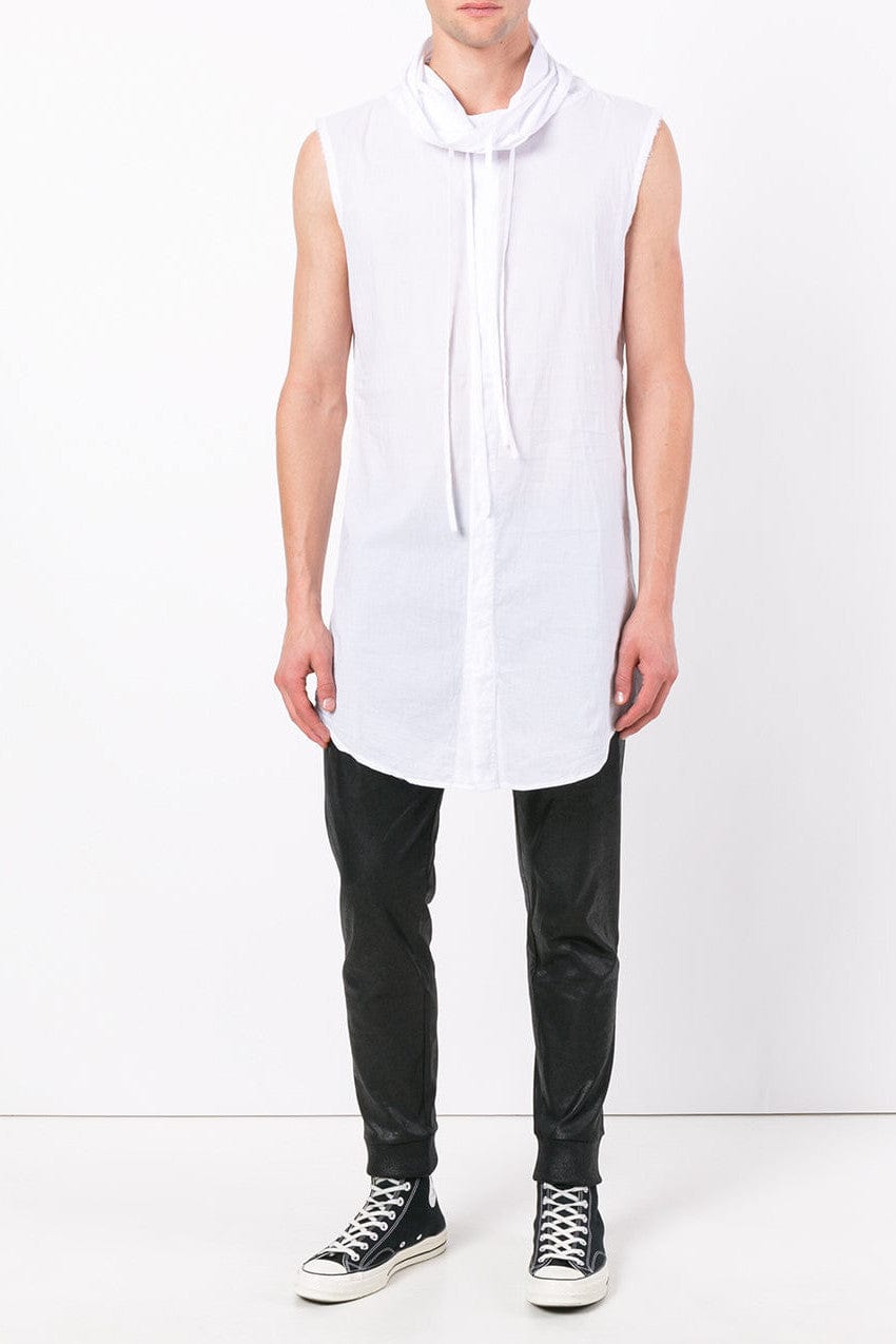 Optical White Longline Sleeveless Funnel Neck Cotton Shirt