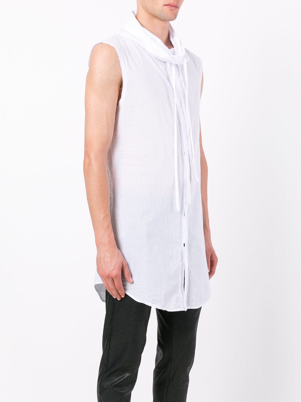 Optical White Longline Sleeveless Funnel Neck Cotton Shirt