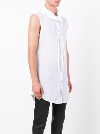 Optical White Longline Sleeveless Funnel Neck Cotton Shirt