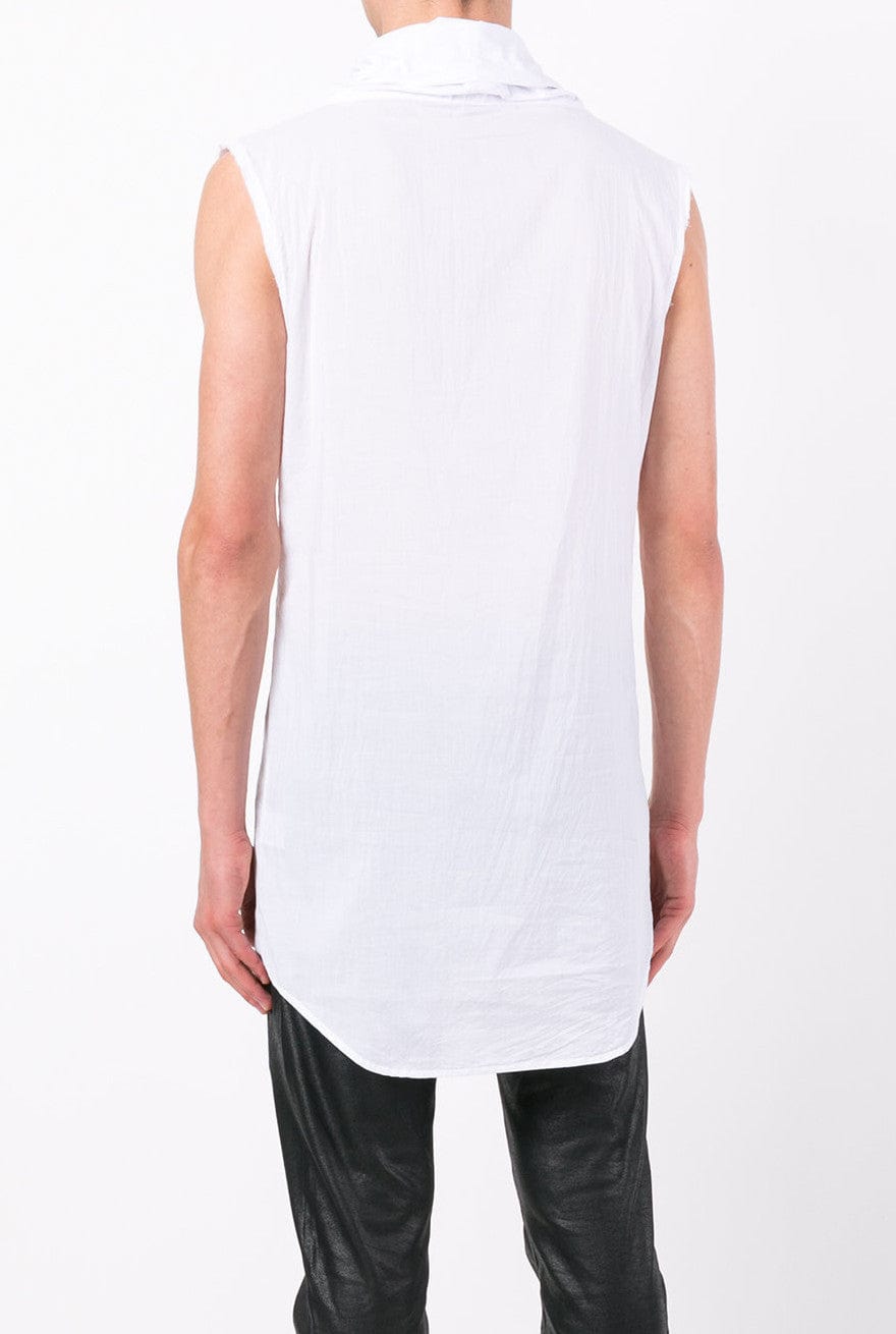 Optical White Longline Sleeveless Funnel Neck Cotton Shirt